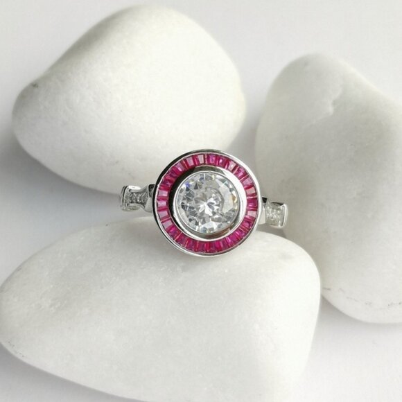 Art Deco White Sapphire and Ruby Ring in Sterling Silver engagement size 6 - Picture 4 of 12